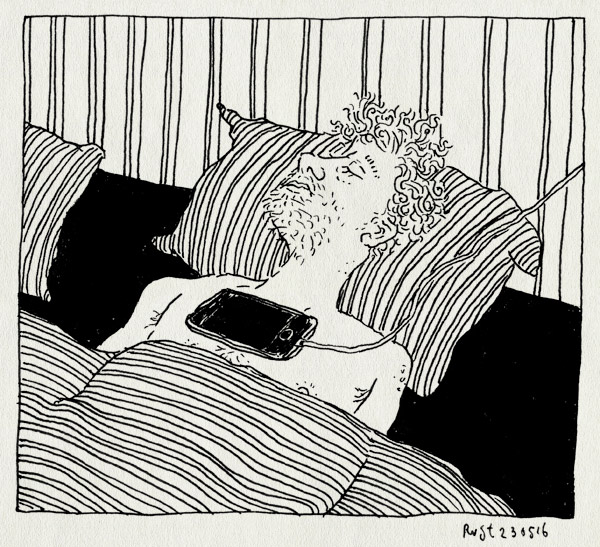 tekening 3286, alleen, appen, bed, eenzaam, iphone, lader, telefoon, wachten